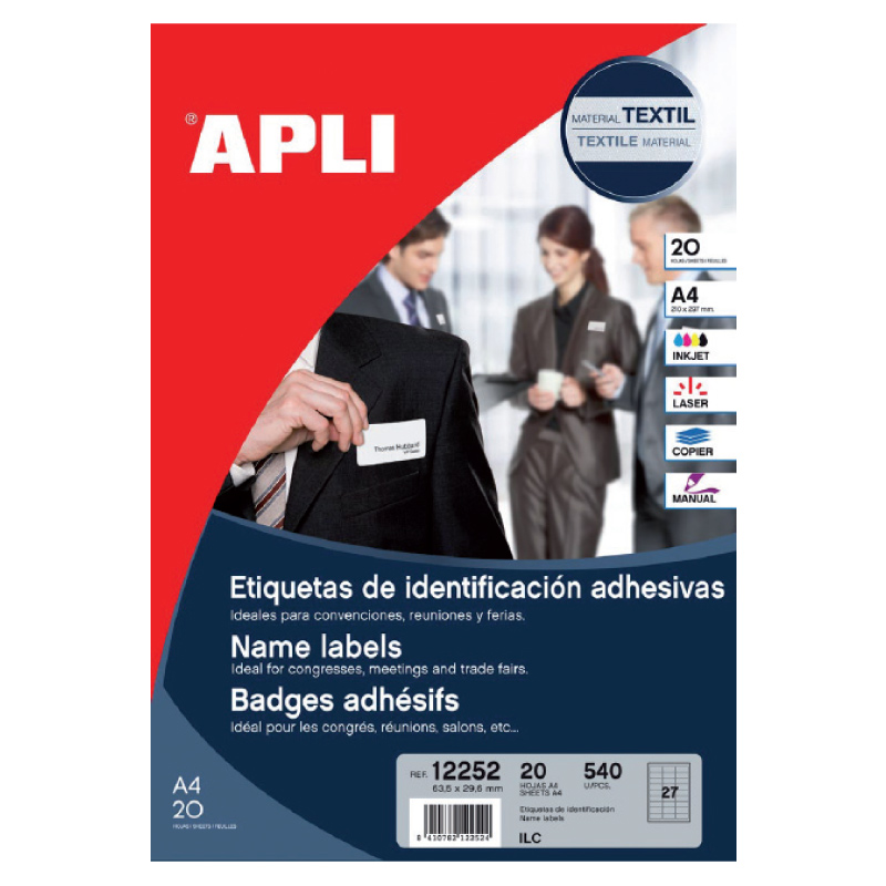 Uzlīmes APLI tekstīlam, ar izmēru 63.5x29.6mm, 20 loksnes/540 uzlīmes